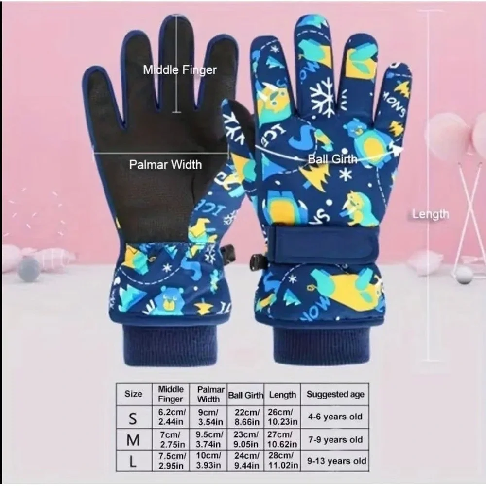 Kids Winter Snowboarding Ski Gloves 7-9 YO Blue Animals Snow Insulated Warm